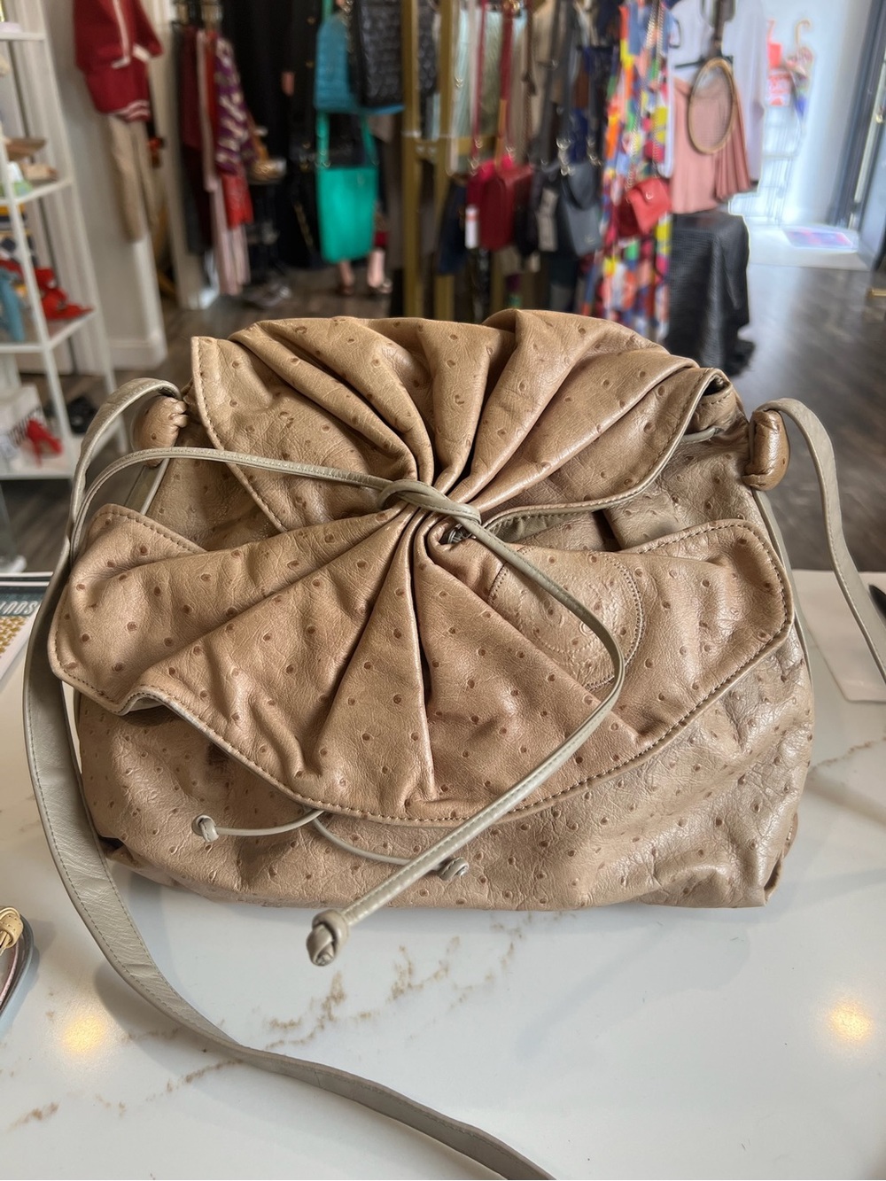 Carlos Falchi vintage Taupe Drawstring ostrich Shoulder Bag